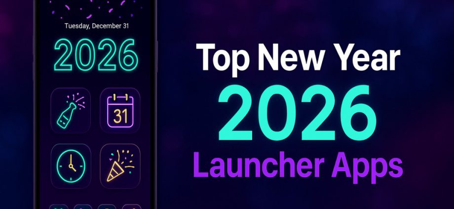 Modern Android phone with festive 2026 theme showing clean launcher layout for New Year customization in a bright tech styled background.