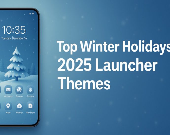 Top Winter Holidays 2025 Launcher Themes on a festive Android screen with snowy icons and holiday widgets for customization.