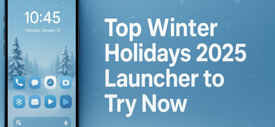 Festive Winter Holidays 2025 Launcher banner showing bright seasonal UI with smooth icons and clean Android layout on a modern smartphone.
