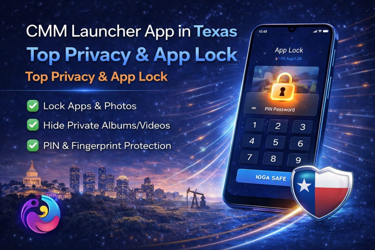 CMM Launcher App in Texas interface showing privacy controls, app lock feature, and smooth Android customization dashboard