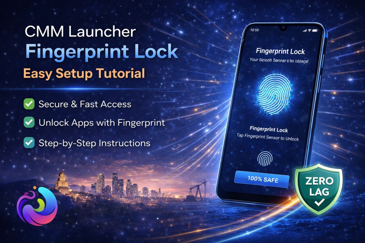 CMM Launcher fingerprint lock setup screen showing secure app lock interface and biometric authentication on Android device