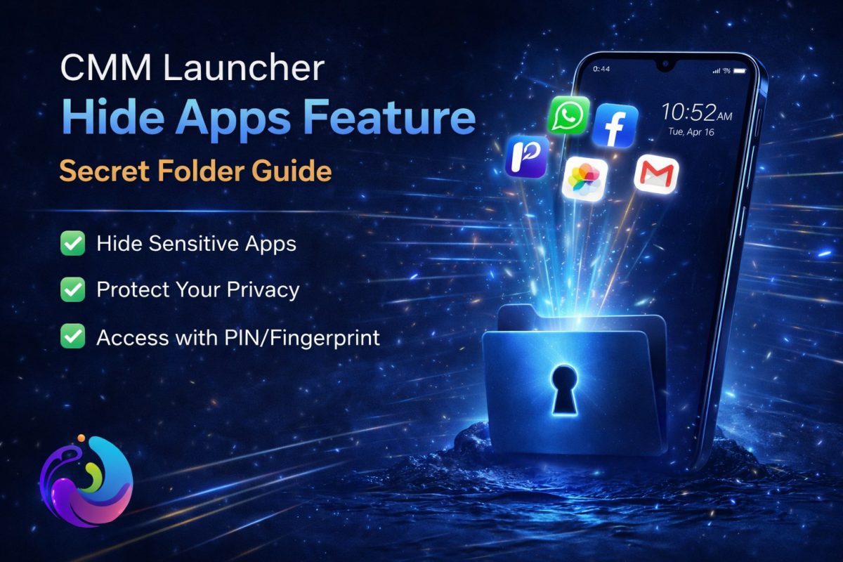 CMM Launcher hide apps feature showing secure secret folder setup with private app locking and hidden apps interface